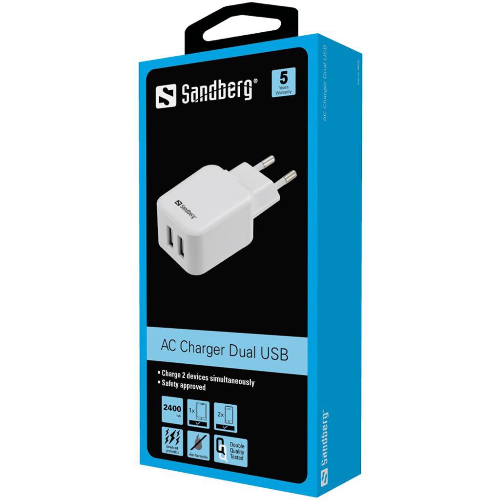 Sandberg AC Charger Dual USB 2.4 1A EU Seinälaturi - Lisätarvikkeet - - Handle It Store - Käytetyt iPhonet edullisesti verkkokaupasta