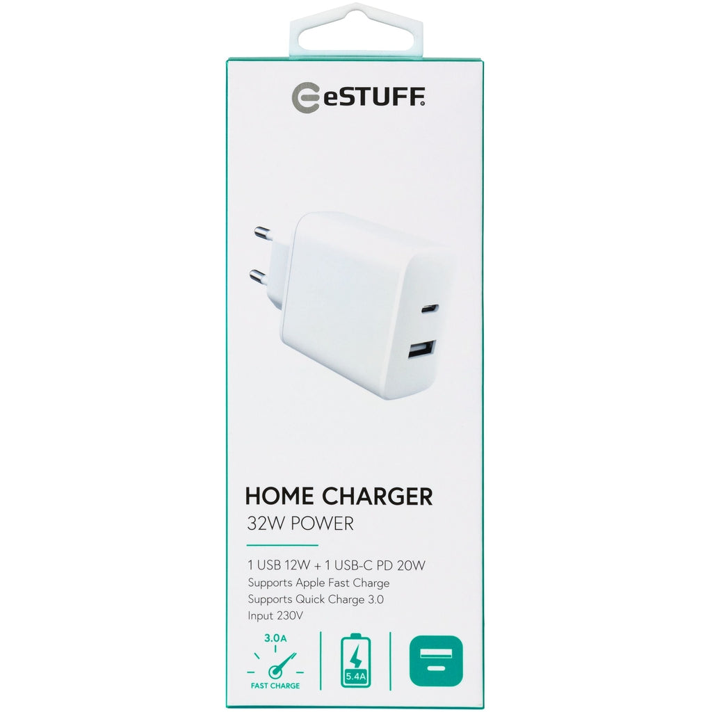 eSTUFF Home Charger USB-C PD 20W + USB-A 2.4A/12W Seinälaturi - Lisätarvikkeet - - Handle It Store - Käytetyt iPhonet edullisesti verkkokaupasta