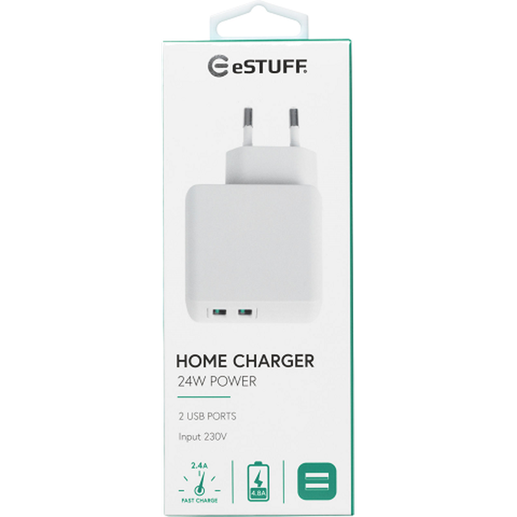 eSTUFF Home Charger 2 USB 4,8A, 24W Seinälaturi-Handle It Online Store