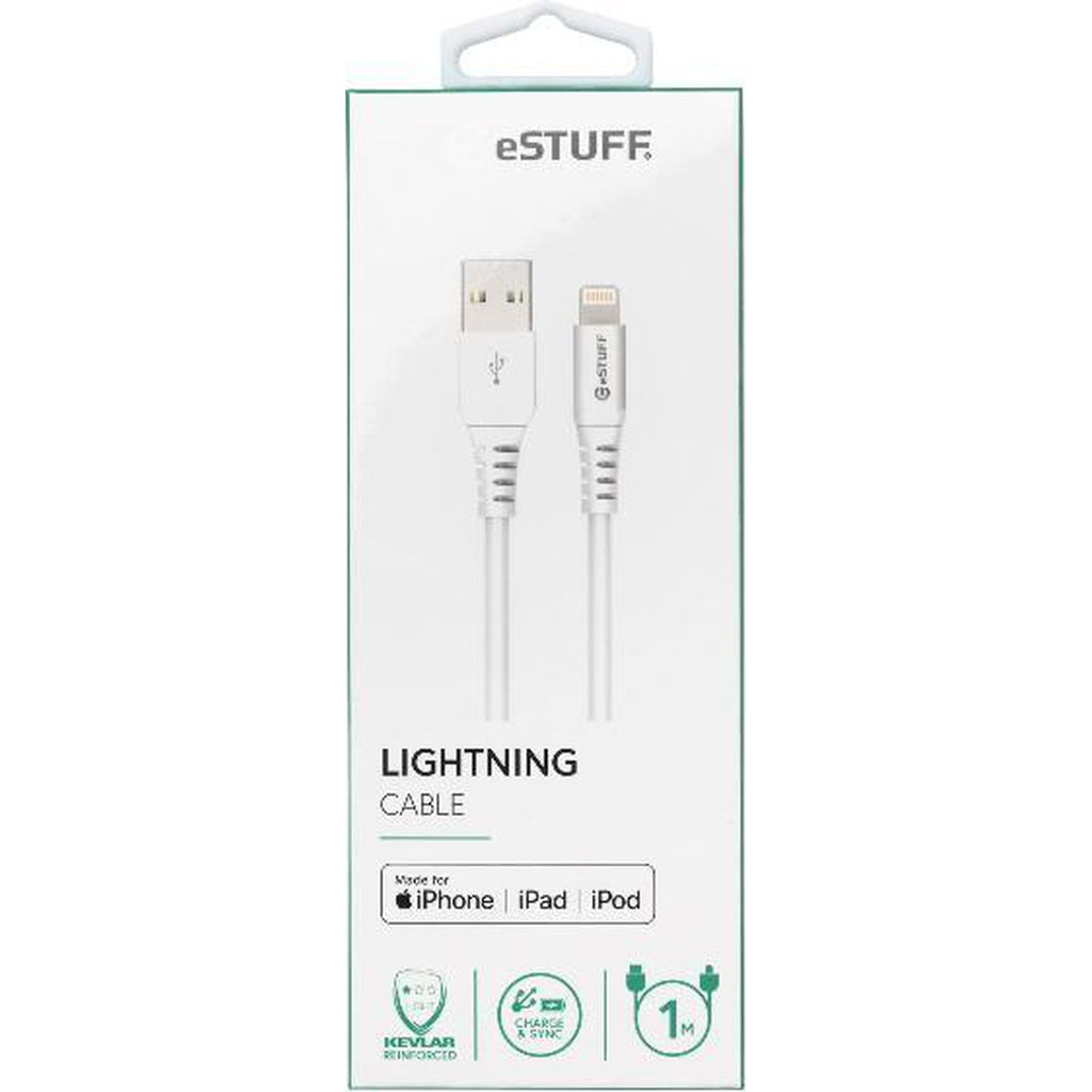 eSTUFF Lightning Cable MFI 1m White USB kaapeli - Lisätarvikkeet - Handle-It